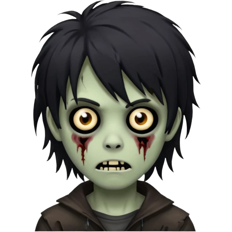 boy zombie with black, medium-long, shaggy emo hair, dark and spooky, creepy expression emoji