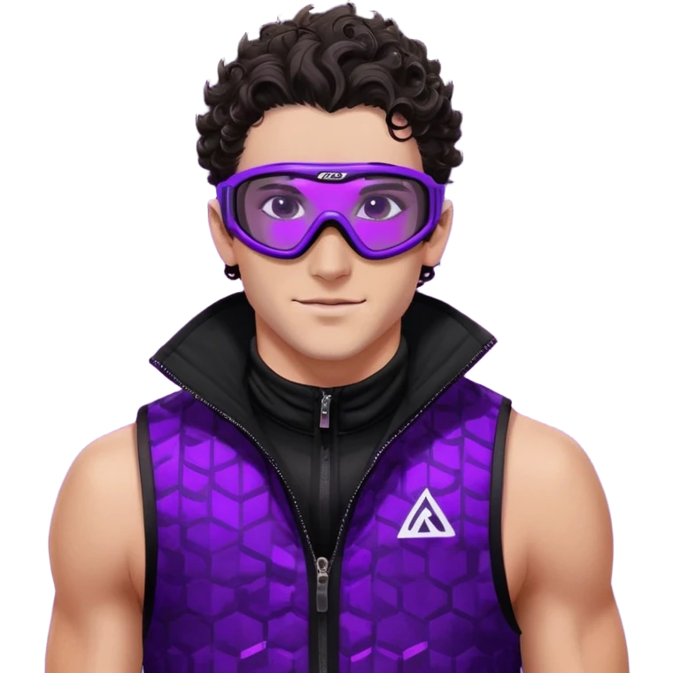 close-up of male athlete with white skin and moderately curly dark brown hair on top with shaved sides, wearing ski goggles with purple frames and very dark black lenses, a simple plain black chain necklace, and a completely unzipped sleeveless vest with purple and black sequin fire pattern design with no logo, with an arrogant smug smirk on his face, looking confident and cocky emoji