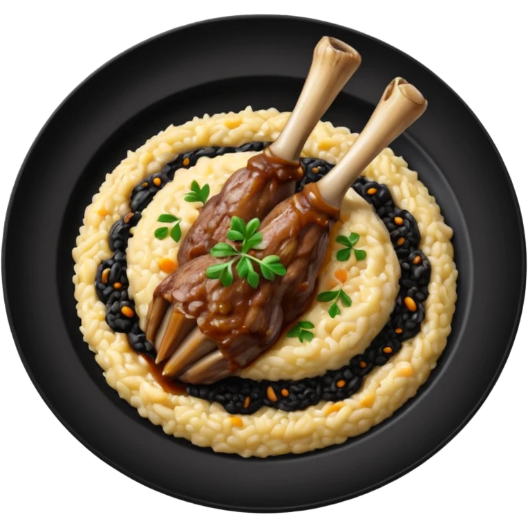 Lamb Shanks with Risotto Nero on a black plate emoji