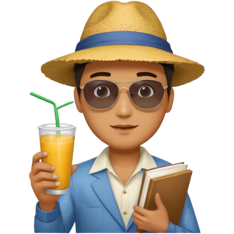 man holding book and mango drink emoji