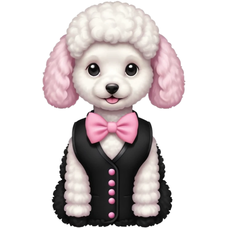 Caniche blanca con chaleco negro con un moño rosa emoji