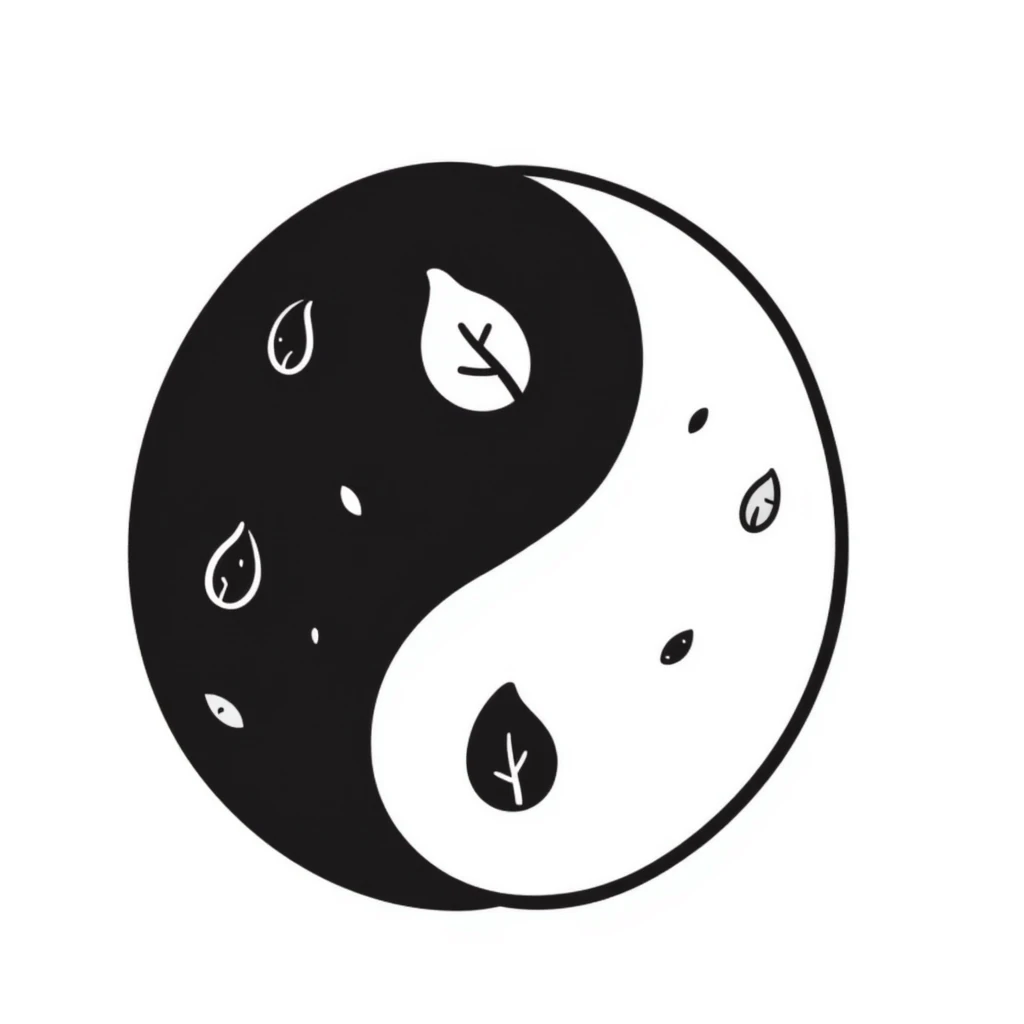 A yin-yang symbol with gentle leaf patterns, representing harmony and balance. Simple hand-drawn doodle style with minimal color. emoji