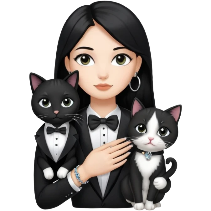 A girl with long straight black hair has upward-slanting eyeliner. She is wearing large silver hoop earrings, a black t-shirt, and a bracelet on her left hand. She is holding a  tuxedo cat with a black face  emoji