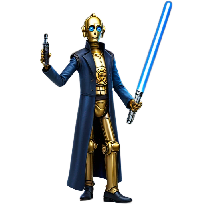 tarnished undercover tough well-equipped Jedi  life-sized darkblue-pearl C3po as a friendly droid wearing a leather clothing pants and vest old west duster coat holding light saber sheriff emoji