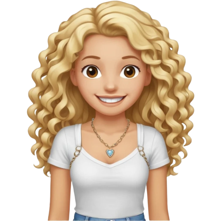 smiling white girl with long curly blond hair and hairgrip, athletic slim, wearing jeans white strappy t-shirt and necklace, showing white teeth emoji