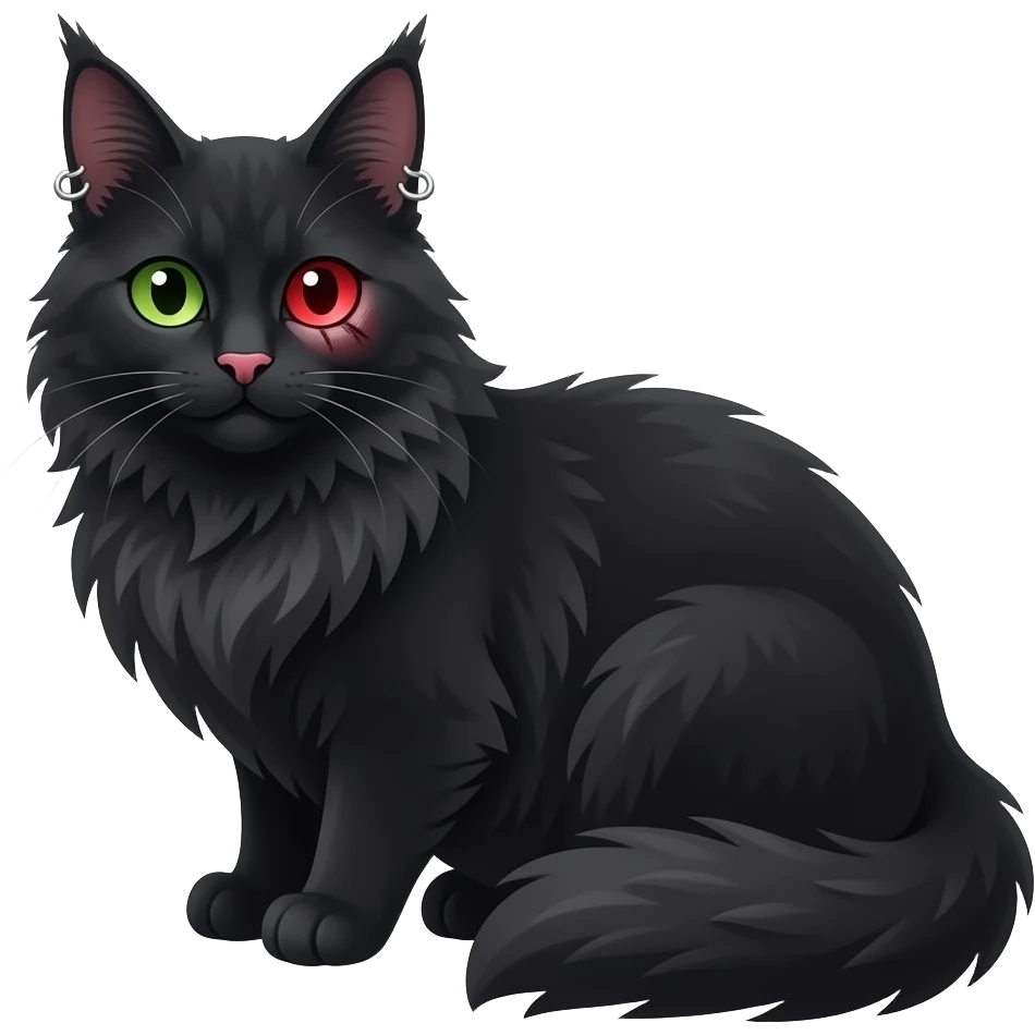 black mainecoon cat with one green eye and one red eye with scar over it and a pink nose and piercings on ears emoji