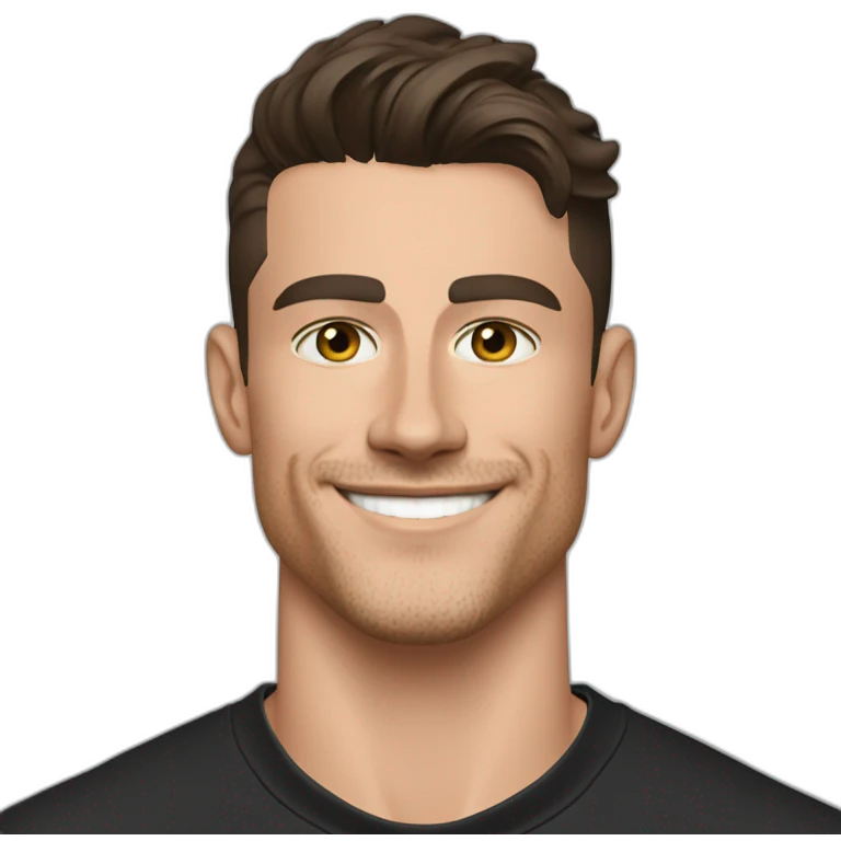 Mason mount Cristiano Ronaldo 30 year old Silicon Valley product designer smiling with stubble and mustache in a black tshirt with broad shoulders profile photo emoji