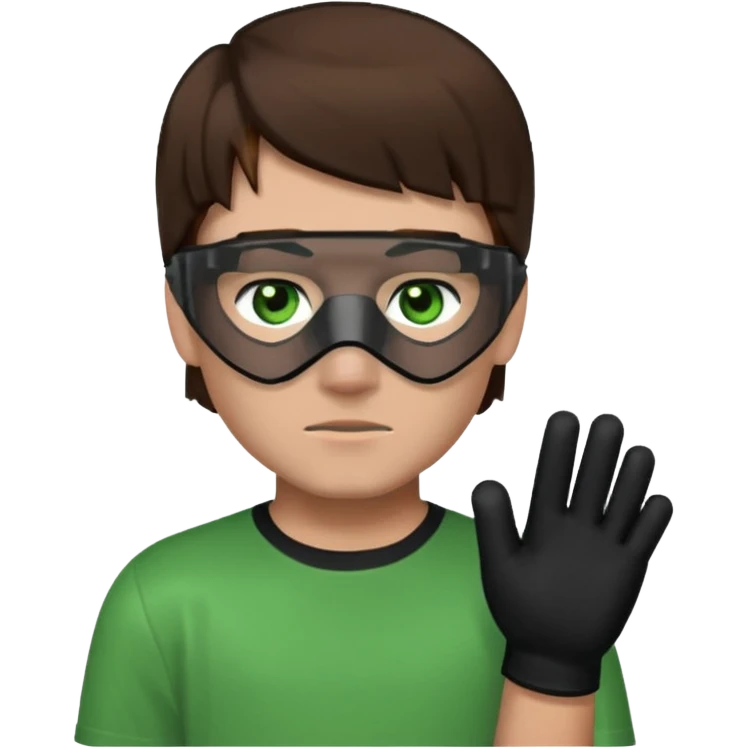 Chico de pelo marrón, ojos verdes y la mitad de la cara color gris ceniza. Con un cubre bocas negro, que tiene una camisa verde por encima de una remera blanca, y tiene un guante negro en una sola de las manos. Estilo minecraft emoji