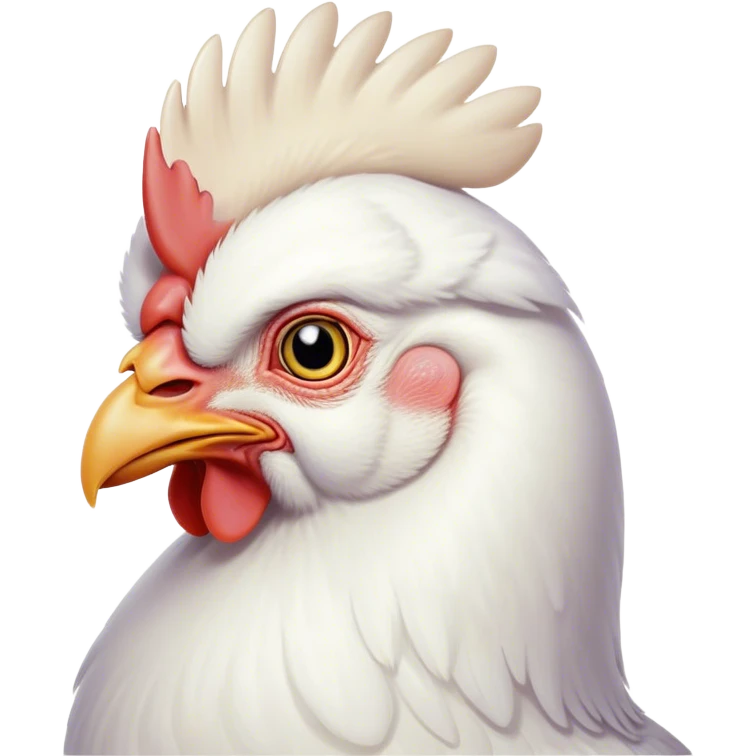 Cinematic Noble White Chicken Portrait Emoji, Poised and regal, with a compact, sturdy build and a pristine, well-groomed pure white plumage, deep-set soulful beady eyes, Simplified yet sharp and sophisticated features, highly detailed, glowing with a soft, dignified glow, high shine, intelligent and alert, stylized with an air of barnyard elegance, focused and attentive, soft glowing outline, capturing the essence of a watchful and confident fowl, so majestic it feels as though it could strut out of the screen with effortless authority! emoji