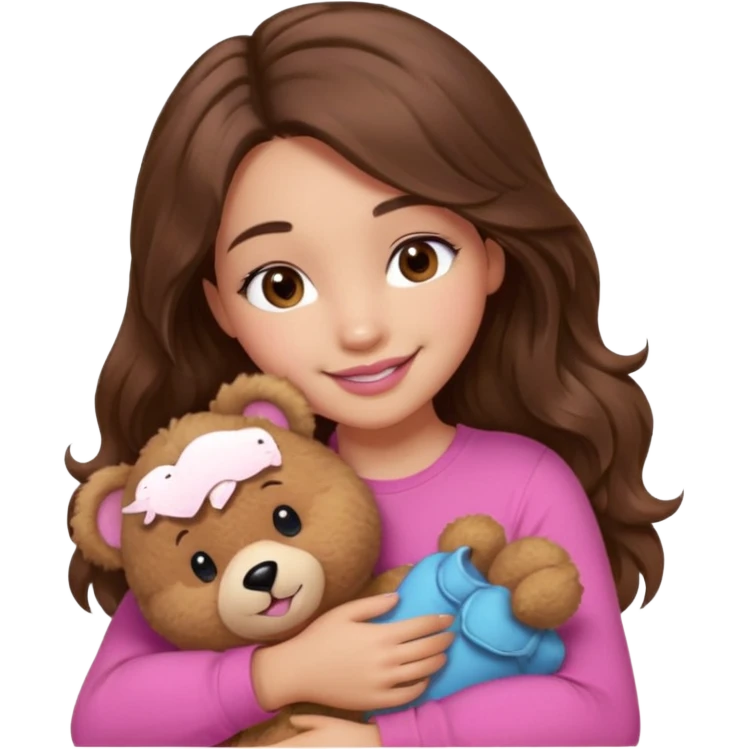 girl with long wavy brown hair, brown eyes, light to medium complexion, in a pink shirt, pink lips, long lashes, smiling, hugging a teddybear emoji