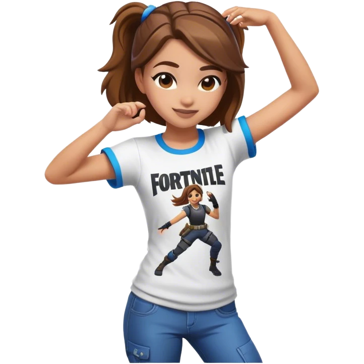 Girl with brown hair dancing with Fortnite shirt emoji
