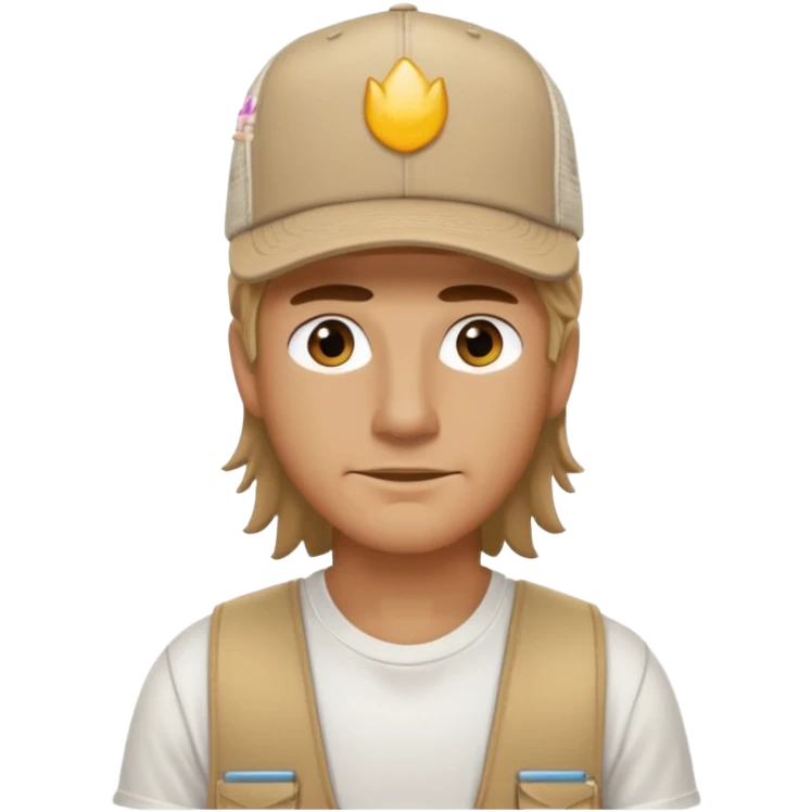 White tshirt, tan trucker hat, mullet emoji