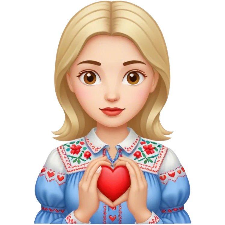 A Ukrainian woman in an embroidered shirt holds a heart in her hands emoji