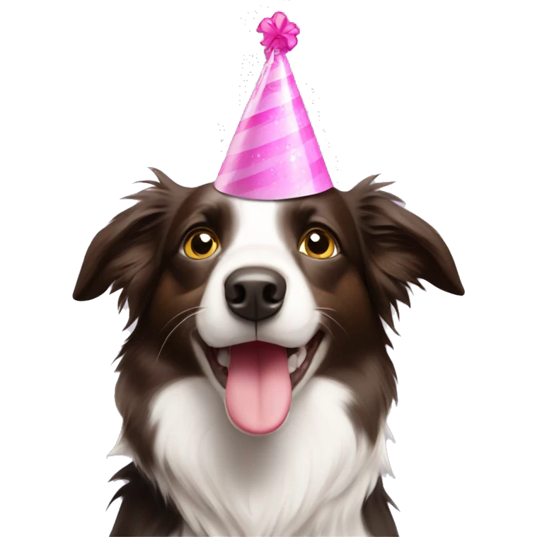 Border collie wearing pink birthday hat emoji