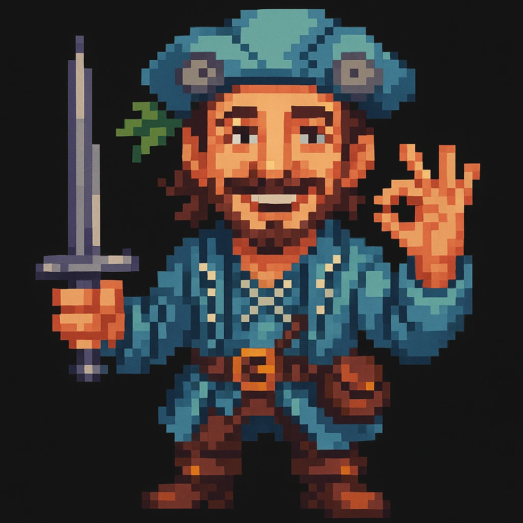 A pirate with the face of the man in the reference image, pixel art style, retro gaming aesthetic, limited color palette. emoji