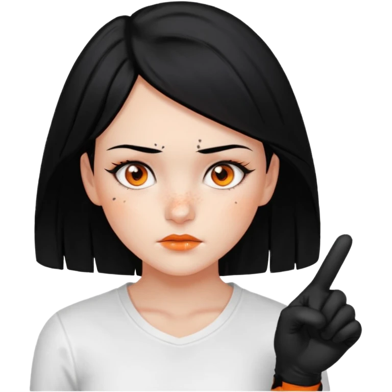 Girl with Black hair , scars on her nose to her left cheeks,orange eyes, withe shirt, pointing at you , with black gloves  emoji