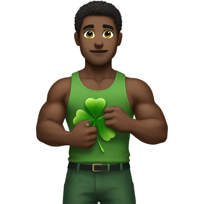 Darkskinned man with muscles holding 4 leaf clover emoji