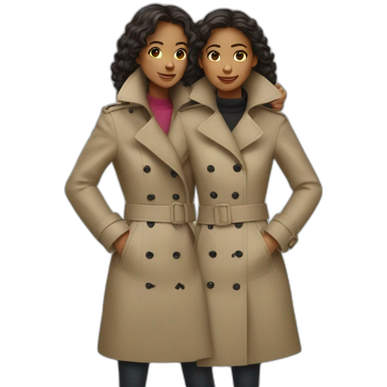 Two girls make a shoulders ride in one trench coat emoji