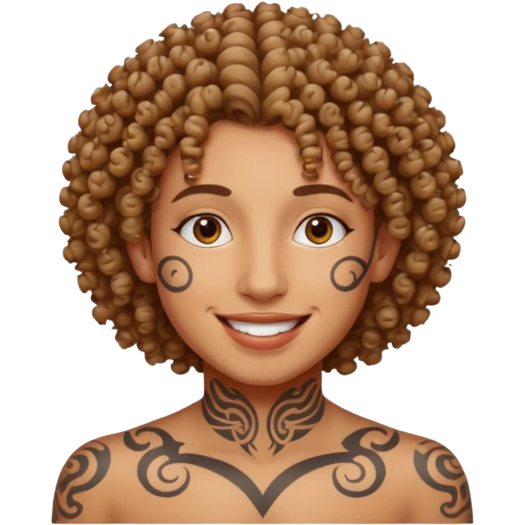 curly haired and face tattoed person with a unique face emoji