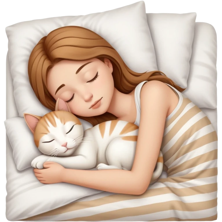 side view light brown haired teenage girl sleeping with white cat that has beige stripes on a white pillow with white sheets emoji
