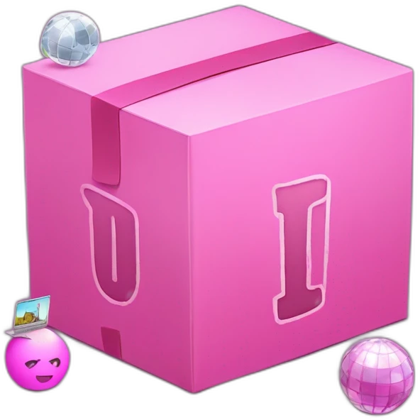Inside a pink box, the letter "u" is in the middle, and disco ball, laptop, pencil and paint emojis peeking out from around the box. emoji