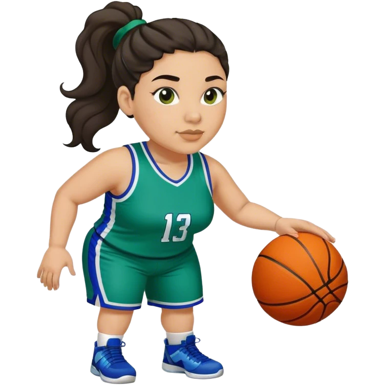  plus size light skin latino women basketball player with wavy dark hair in pony tail flat wide nose wearing blue green  uniform emoji