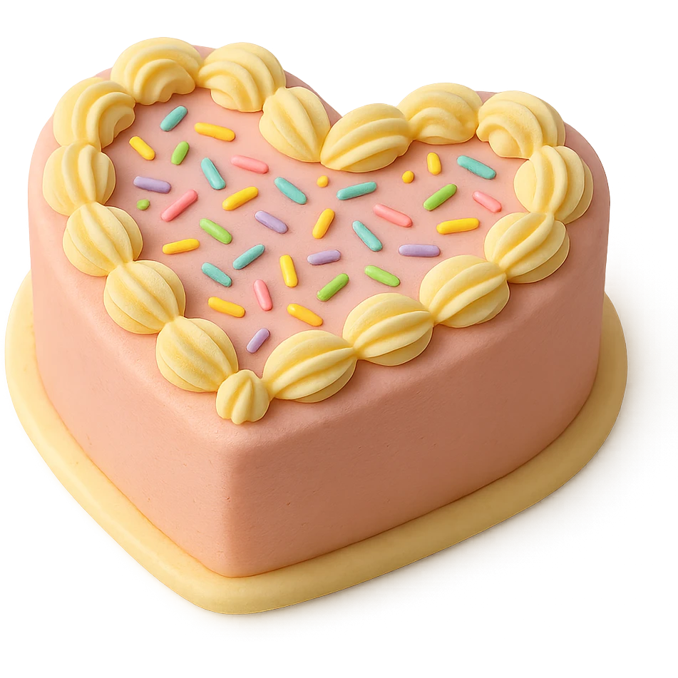 heart-shaped fondant cake with rainbow sprinkles and piped swirls, fondant cake art style emoji