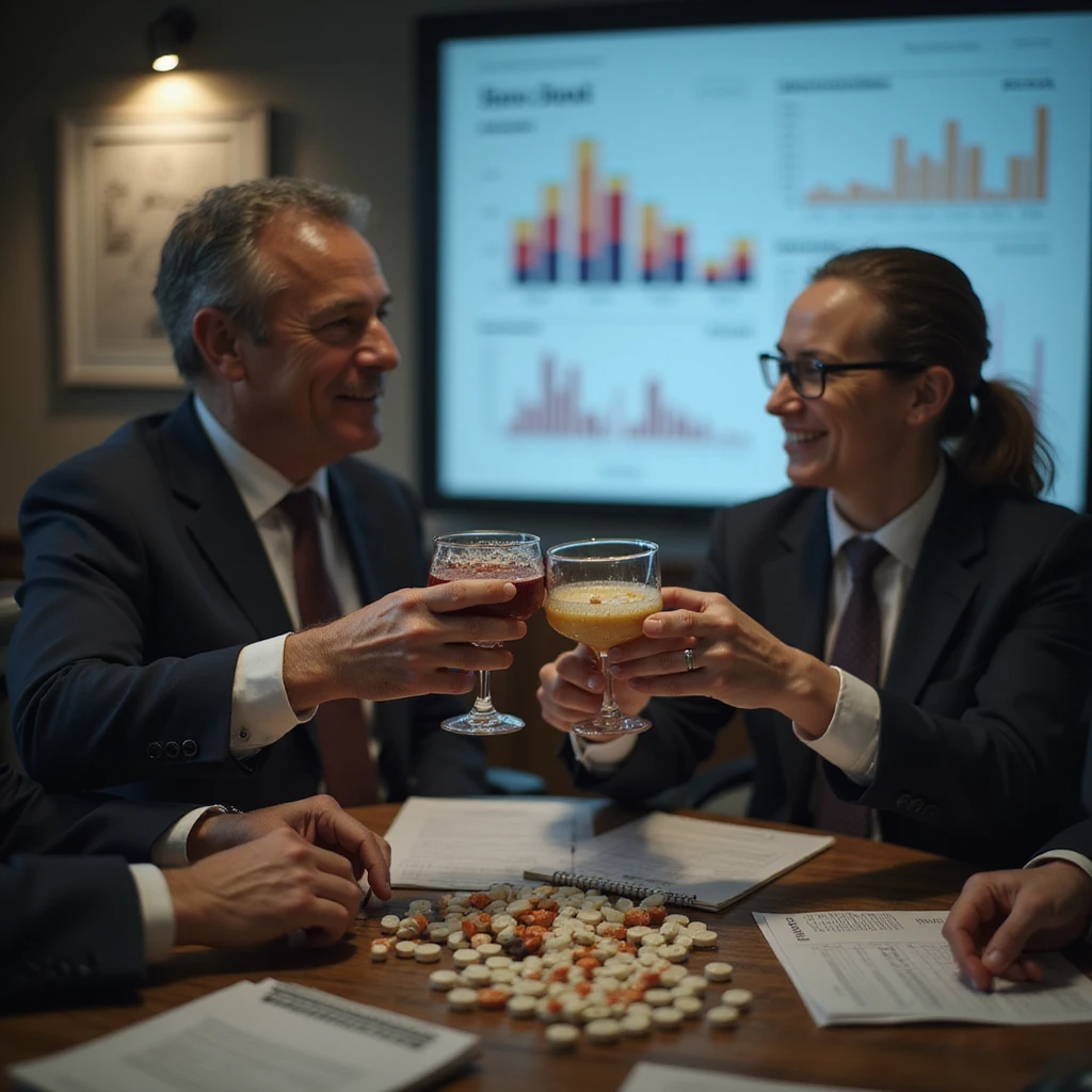 office of a pharmaceutical company, executives toasting with sweets and pills, sales charts in the background, atmosphere of complicity and profit, realistic details, 4K quality emoji