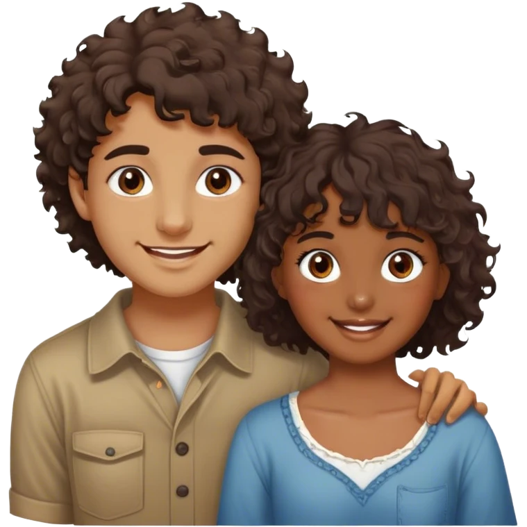 chico rubio, caucásico, ojos marrones, pelo lizo corto estilo messy fringe, sonriente, y una chica morena de piel, pelo rizado largo, sonriente emoji