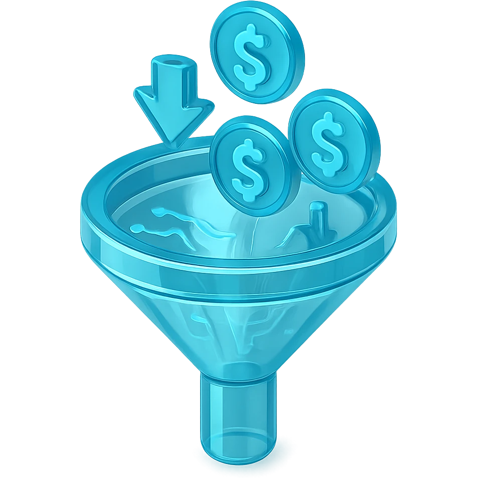 Flat icon of a funnel with coins and arrows, cyan blue emoji