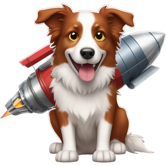 Red border collie with rocket engine emoji