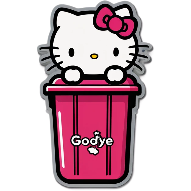 A trash bin that says on text GOODBYEEEE with hello Kitty in it emoji