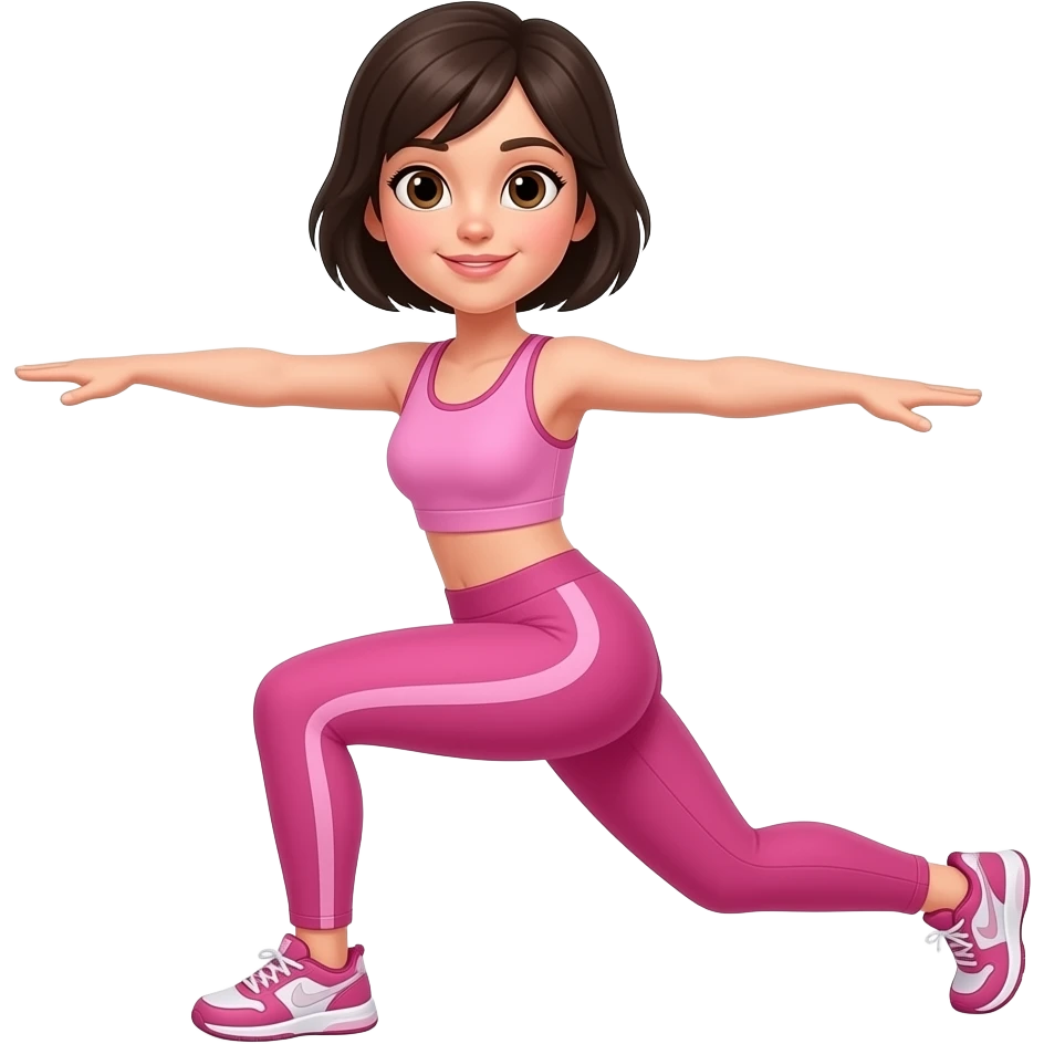 chica de cabello oscuro y corto, con ojos color cafe, con ropa color rosa,haciendo ejercicio emoji