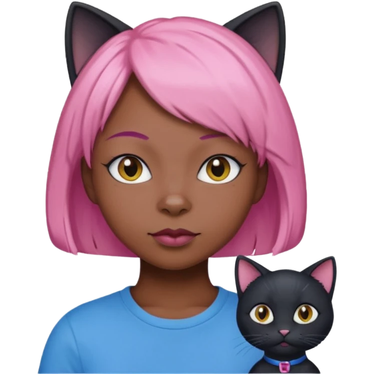 Black cat wearing a short pink hair wig, blue T-shirt emoji