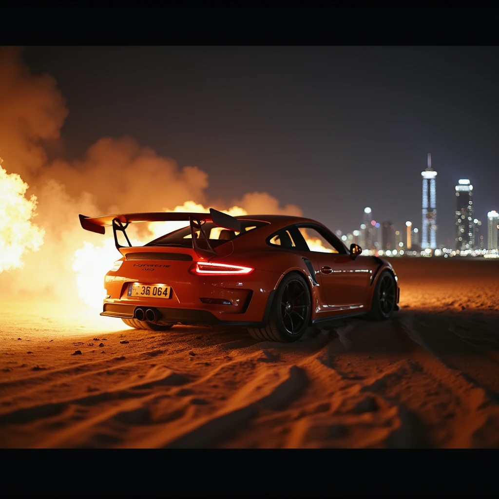 Cinematic shot, Porsche 911 gt3 rs in fire, desert, night, dubai city in background emoji