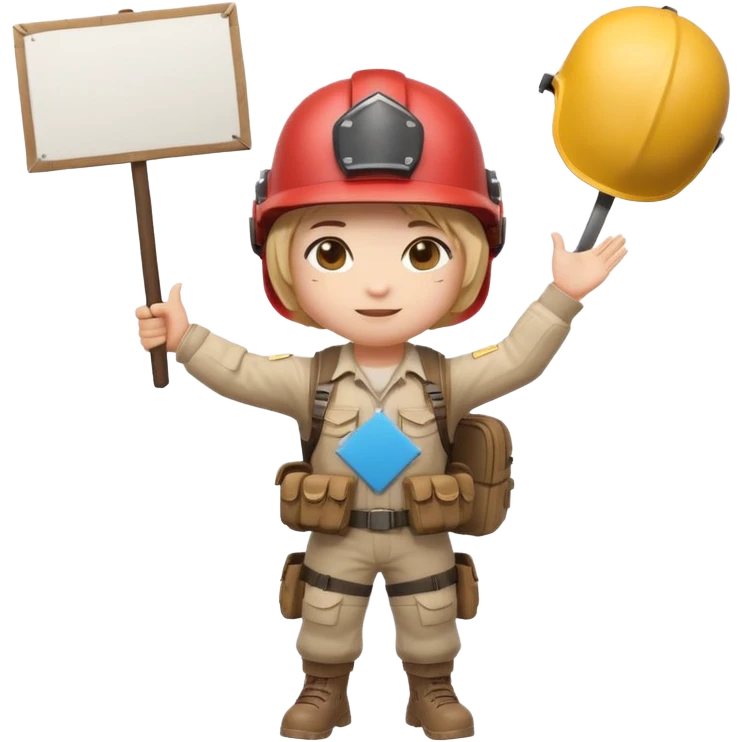 Create a cute emoji-style PUBG Mobile character, chibi version with helmet and backpack, standing in victory pose, holding a blank white sign or paper sheet in both hands in front of chest, ready for text, clean white background, simple emoji design” emoji