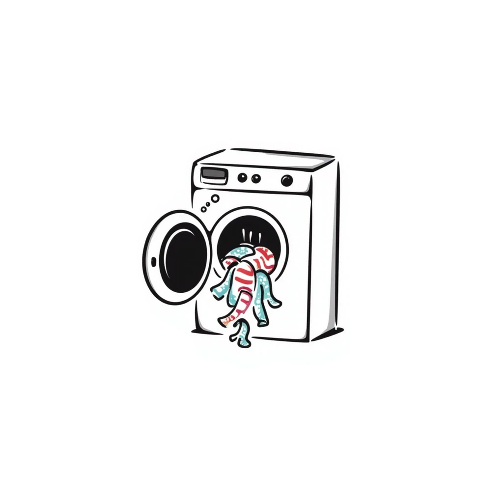 playful hand-drawn doodle of a washing machine with colorful bubbles and clothes peeking out emoji
