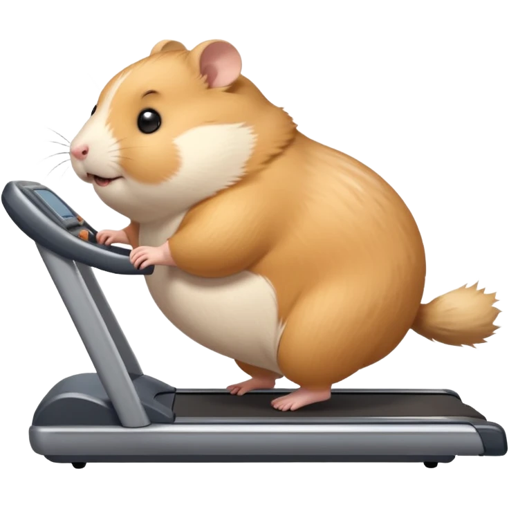 fat hamster big belly trying to run on treadmill sideways desperately trying to catch up with speed emoji