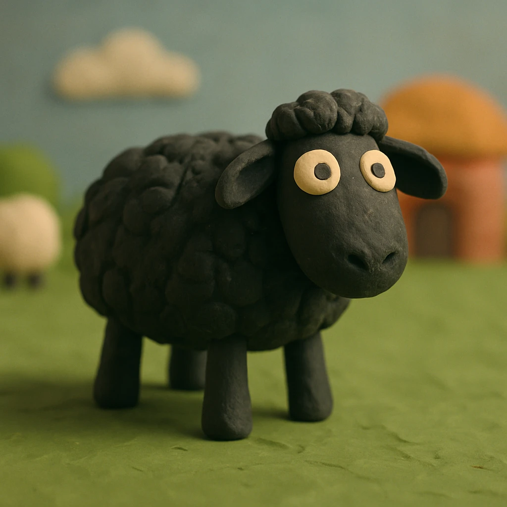 sheep with black wool standing on green grass, visible fingerprints, matte plasticine look, claymation style emoji