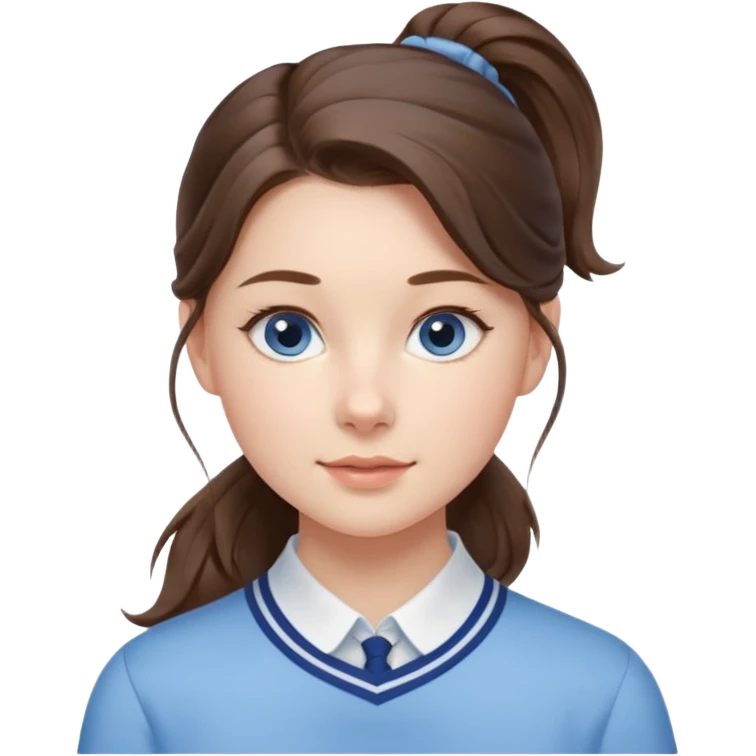 Realistic Student Portrait, with porcelain-like skin featuring a natural rosy flush, illuminated by soft lighting that highlights the gentle contours of her face. Her Brunette pony tail hair flows in soft, Her deep blue eyes radiate warmth and innocence,  wear light blue preppy style. emoji