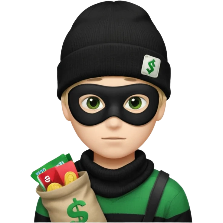 boy emoji with black knit beanie, thin black domino mask, canvas-colored sack over one shoulder that is bulging with stolen goods—often marked with a large, green dollar sign ($).
,and a black-and-white horizontally striped sweater emoji