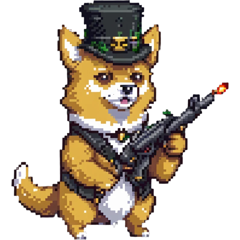 pixel art doge with a tophat and minigun, 'TO WAR LADS!' in pixel font emoji