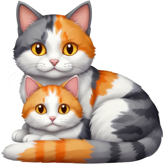 large grey and white cat cuddling a colourful light patched calico + white tabby cat emoji