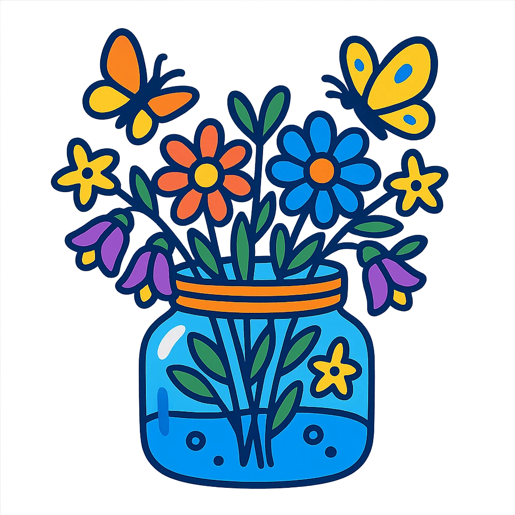 glass jar filled with forest flowers and butterflies, vibrant-toon style emoji