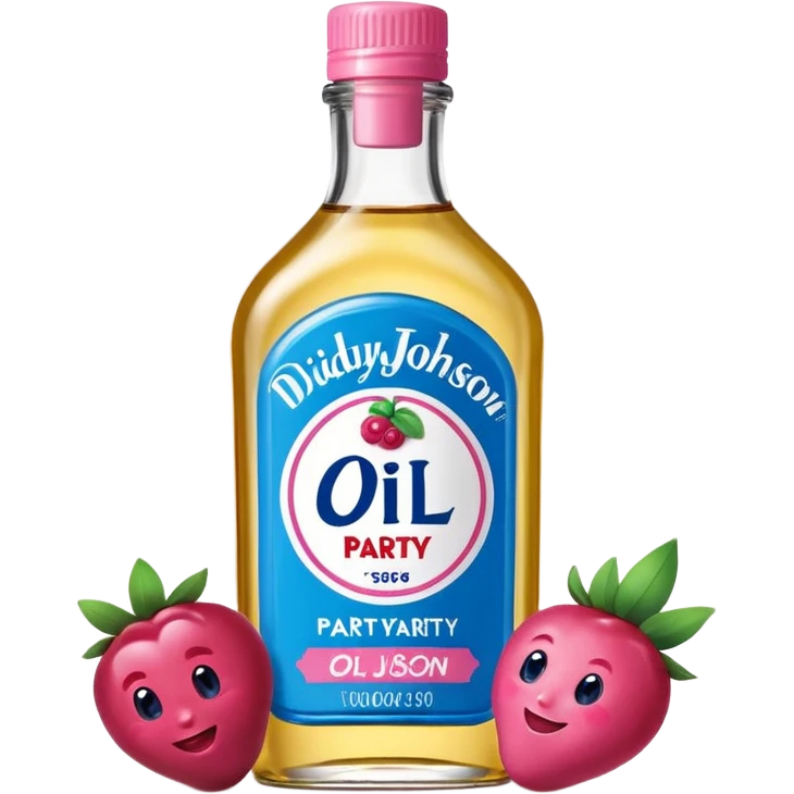 bottle of oil blue top pink outside with logo that says Diddy Party oil Johnson and Johnson  brand with a smiling berry on top emoji