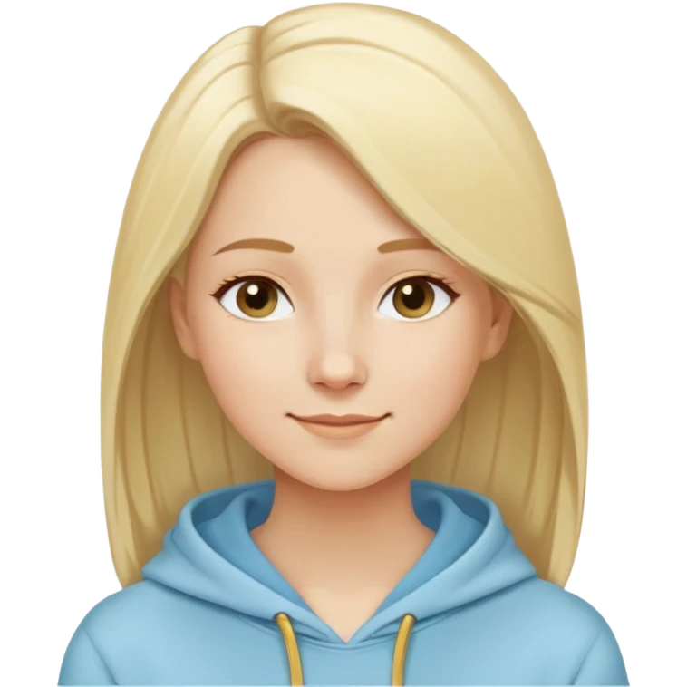 Caucasian woman, oval face, straight light blonde hair with side part, serene smile, dreamy expression, light blue hoodie with gold and white details emoji