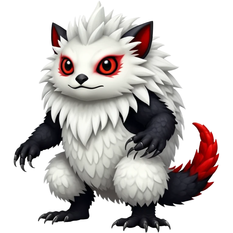 a white exotic edgy vernid-fionbr-Fakémon-creature, with black belly and red eyes, full body emoji