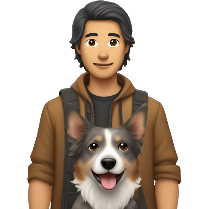 Long haired Asian man holding brown/grey Australian cattle dog  emoji