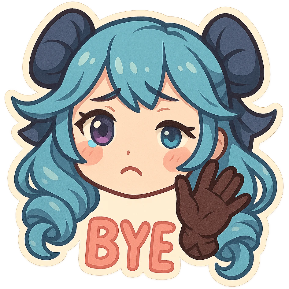 chibi style head of Gwen from League of Legends, right eye purple, one hand waving with glove, expressing a goodbye emote, sad but sweet expression, no letters emoji