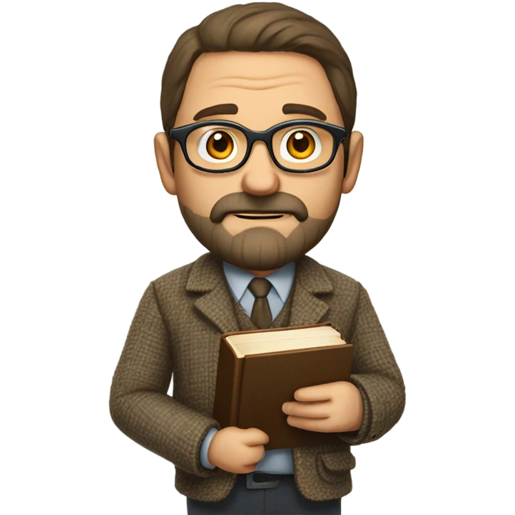"A middle-aged man with brown hair, a beard, and round glasses. He has a serious, regretful expression, wears a tweed jacket, and holds a book or chalk." emoji
